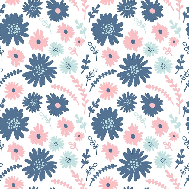 Vector pink and blue floral pattern Wonderful flower field Beautiful floral background