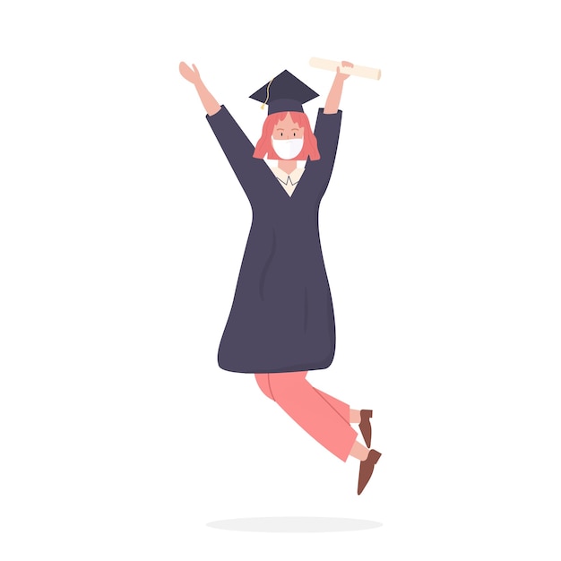 Vector Pink hair female graduate student jumping in air raised arms up demonstrate degree diploma