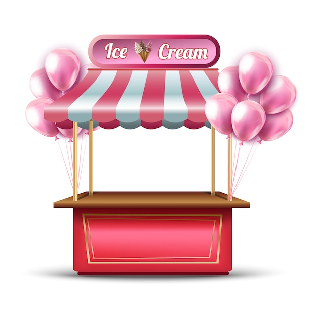 Vector pink ice cream opening shop booth icon with balloons.