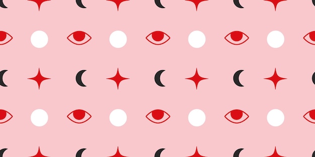 Vector pink red eye seamless pattern design grunge style eyes and stars tatoo style