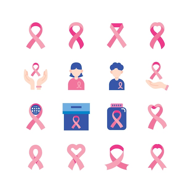 Vector pink ribbon cross breast cancer day icon flat icons set women cancer fighting concept idea