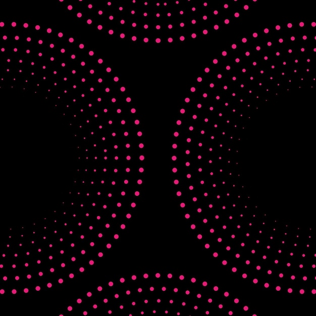 Vector pink spiral dots and sound waves on black background