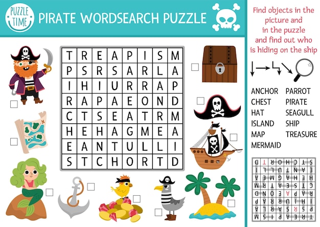 Vector piraat woordzoekpuzzel voor kinderen eenvoudige schateiland woordzoekquiz voor kinderen zee-avonturen educatieve activiteit met schip papegaai kaart kist schatzoeken kruis wordxa