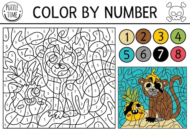 Vector pirate color by number activity with monkey and kawaii pineapple Treasure island scene Black and white counting game with cute animal Sea adventures coloring page for kidsxA