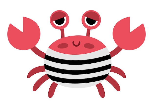 Vector pirate crab icon Cute sea animal illustration Treasure island hunter in stripy shirt Funny pirate party element for kids Crayfish picture isolated on white background