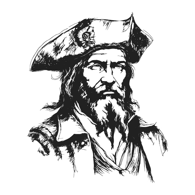 Vector pirate old man portrait of a sailor Hand Drawn Engraving Pen and Ink man with Beard