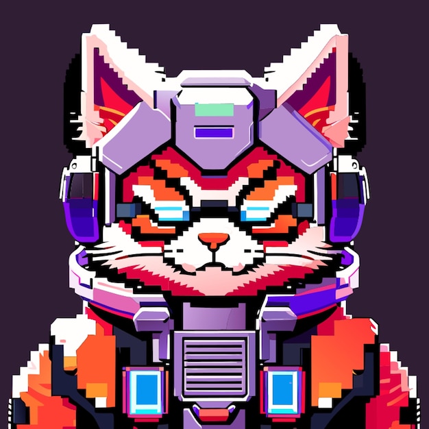 Vector pixel 8bit cat correct symmetrical shapes in a robot suit in a robot helmet glasses smiling