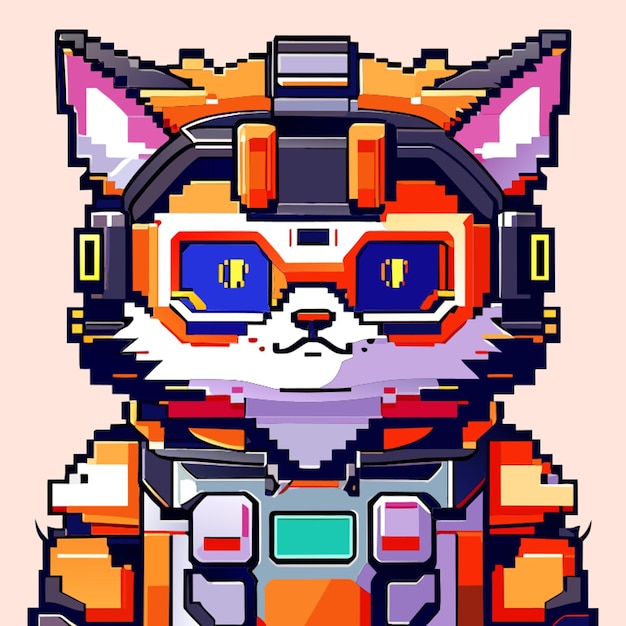 Vector vector pixel 8bit cat correct symmetrical shapes in a robot suit robot helmet glasses smiling