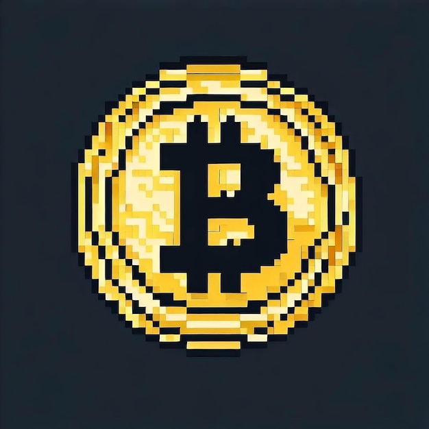 Vettore pixel art cartone animato bitcoin logo criptovaluta btc o bitcoin moneta d'oro con sfondo scuro