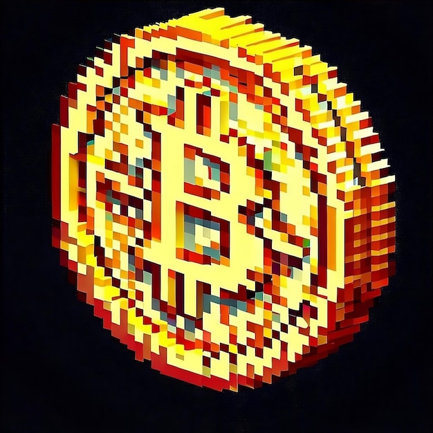 Pixel art cartone animato bitcoin logo criptovaluta btc o bitcoin moneta d'oro con sfondo scuro