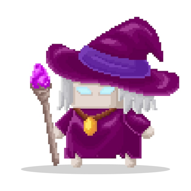 Vector vector pixel art of chibi old witch character