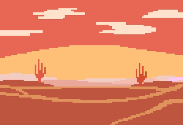 Vector vector pixel art sunset at desert background illustration landscape