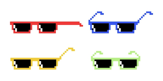 vector pixel boss glasses icon set in 8 bit retro style summer meme game thug design mafia gangster funky sunglasses rap music design element