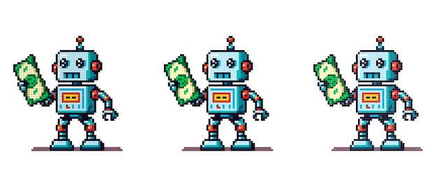 Vector pixel icon with a robot holding dollar money in his hand on a white background