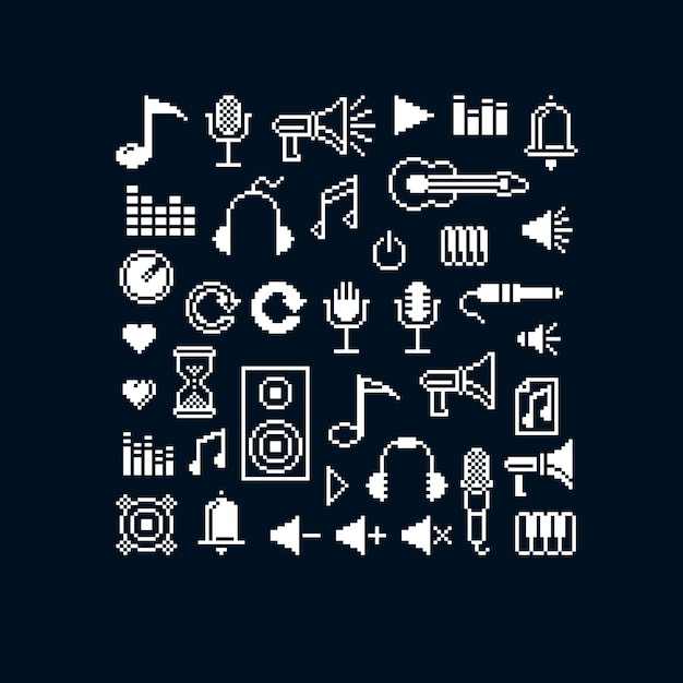 Icone pixel vettoriali isolate, raccolta di elementi grafici musicali a 8 bit. segni digitali semplicistici creati in tema musicale e multimediale.