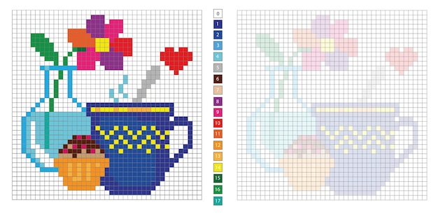 vector pixel illustratie favoriete warme drank, borduren, kleuren, logica, motoriek verbeelding