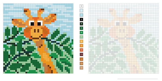 vector pixel illustration, giraffe among the leaves, coloring, embroidery design, mosaic creativity