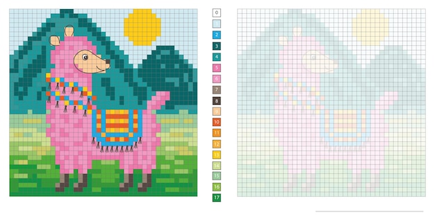 Vector vector pixel illustration, pink llama walking, coloring, embroidery design, mosaic, creativity