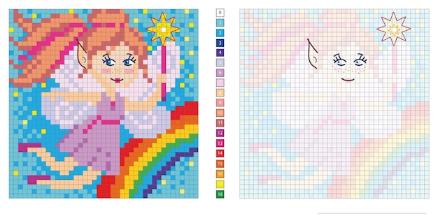 vector pixel illustration, rainbow, little fairy, coloring, embroidery design, mosaic, creativity