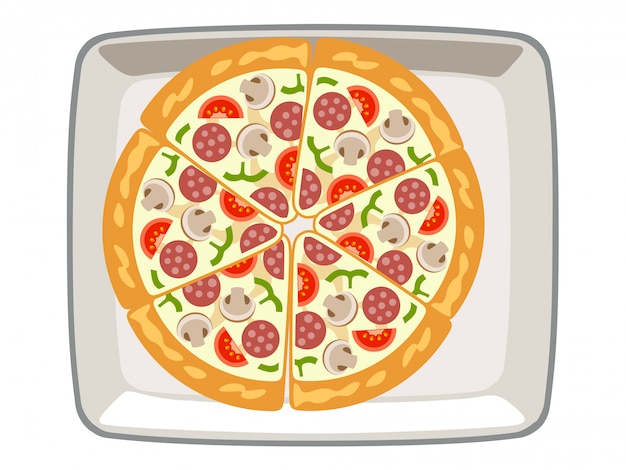 Вектор пицца грибы в топ блюдо на белом фоне