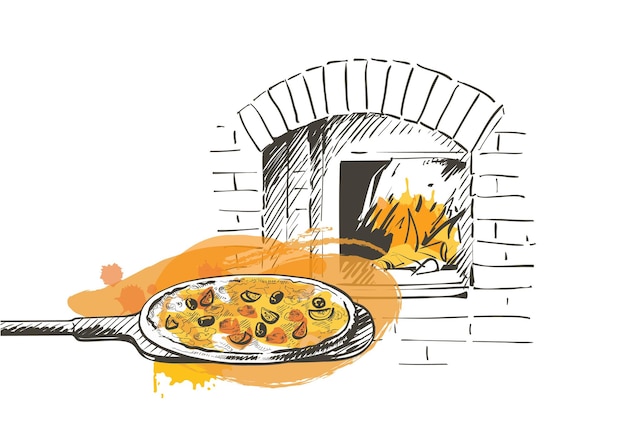 Vector pizza op een schop gebakken in een houtgestookte oven vintage handdraw lijn schets illustratie