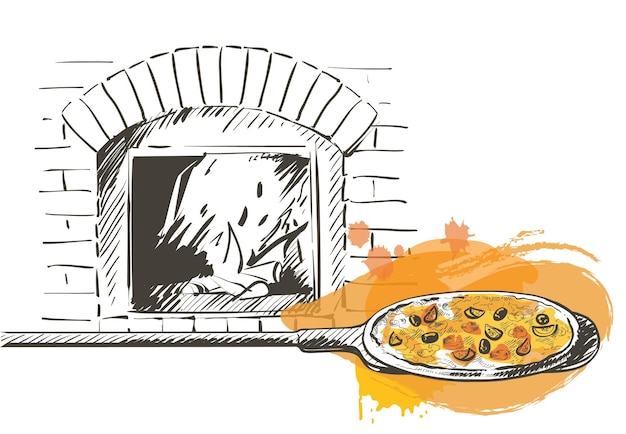Vector pizza on a shovel baked in a woodfired oven vintage handdraw line sketch illustration