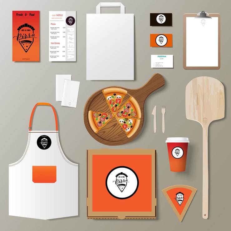 Vector vector pizzeria corporate branding identiteit sjabloon ontwerpset. haal pizza-mock-up weg