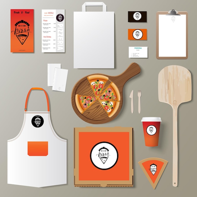 Vector pizzeria corporate branding identity template design set. Take away pizza mock up