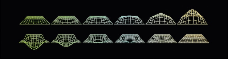 Vector vector planes with gradient lines. grid of curved and twisted lines on a black background. rainbow.