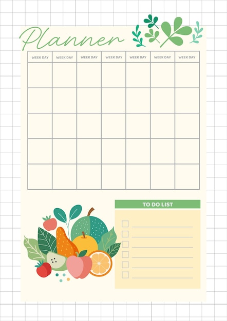 벡터 터 플래너 템플릿 다이어트 과일 및 채소 테마