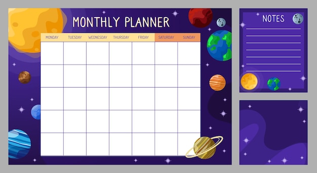 Vector planner template for a month with boards and a solar system Planner with galaxy and outer space background