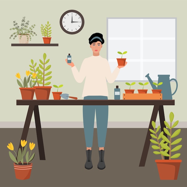 Vector Plant garden illustration in house Young woman and house plants on table