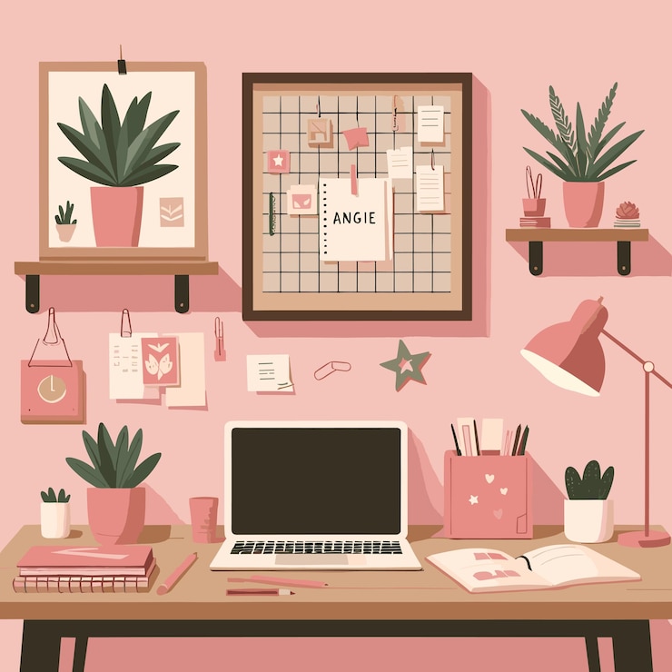 Vector vector of a plant and a laptop on a desk study area illustration