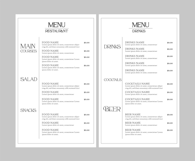 Vector vector plantilla de menu de restaurante editable con fuentes