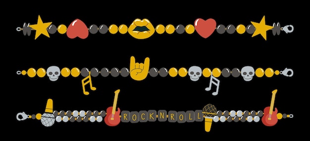 Векторные пластиковые бусы детские браслеты иллюстрационный набор Rock N Roll 90-х мультфильмы браслеты