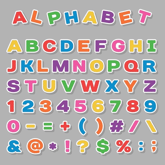 Vector plat alfabet met symbolen en letters met fel veelkleurig