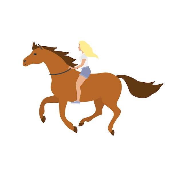 Vector plat blond meisje dat gratis bruin paard berijdt