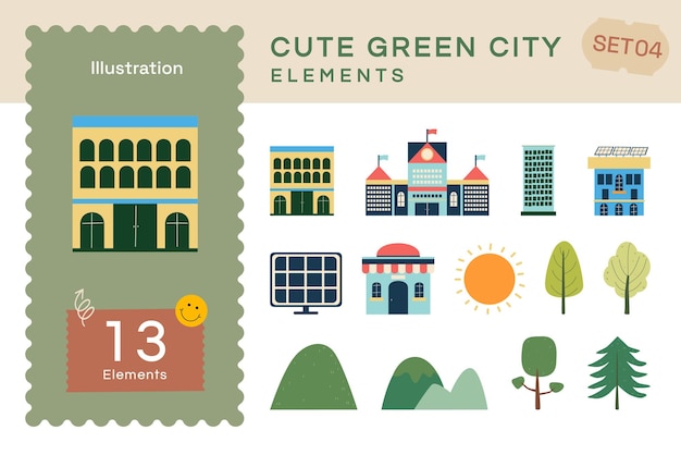 Vector plat Cute groene stad elementen Set4