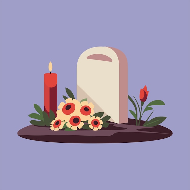 Vector plat grafsteen met bloemen en kaars