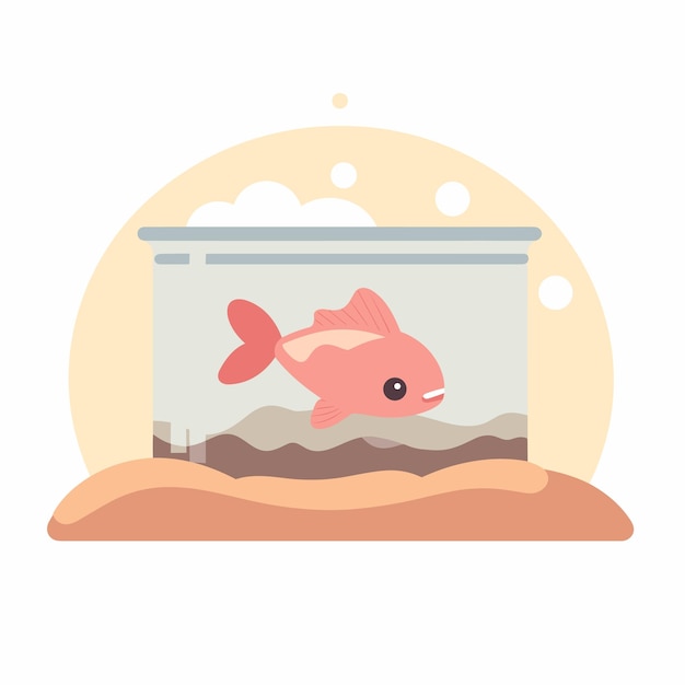 Vector plat icoon een goudvis zwemmen in een kom met water en zand