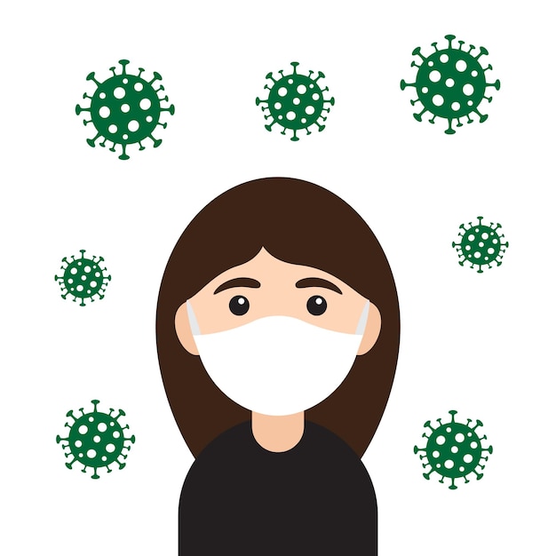 Vector plat meisje in gezichtsmasker met COVID19-cel