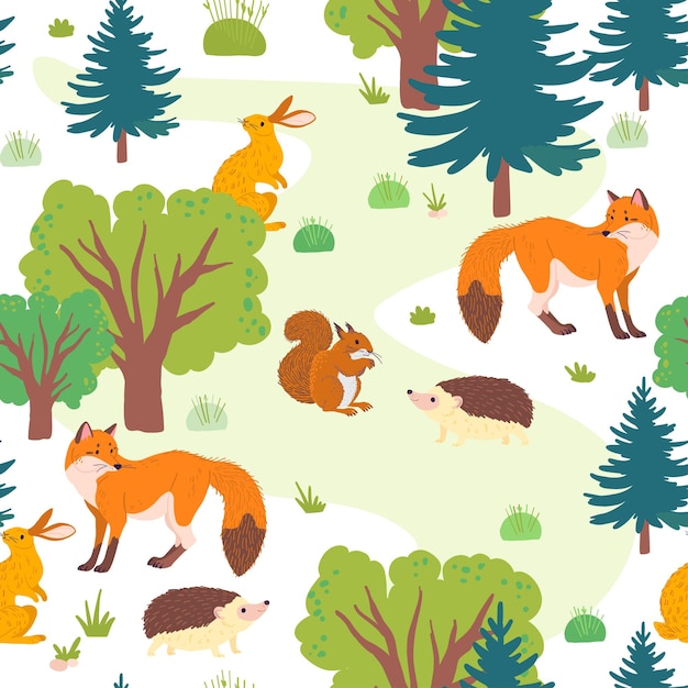 Vector plat naadloos patroon met wilde bosbomen, gras en dieren geïsoleerd op een witte achtergrond. vos, egel, eekhoorn, haas. voor verpakkingspapier, kaarten, behang, cadeaulabels, kinderkamerdecoratie enz