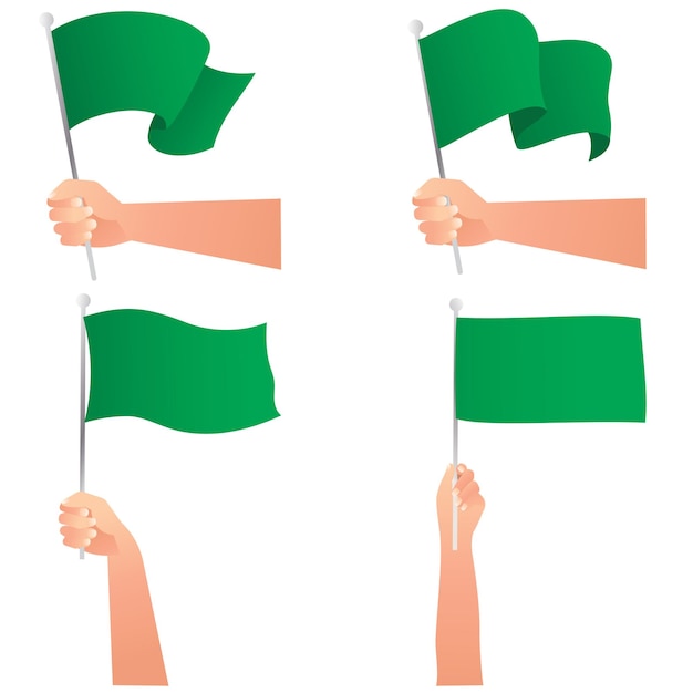 Vector plat ontwerp illustratie hand die de groene vlag concept op witte achtergrond vasthoudt en zwaait