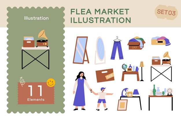 Vector plat vlooienmarkt illustratie Set3