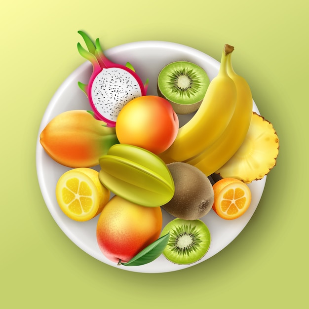 Vector plate full of tropical fruits pineapple, kiwi, mango, papaya, banana, dragonfruit, peach, kumquat lemon top view isolated on background