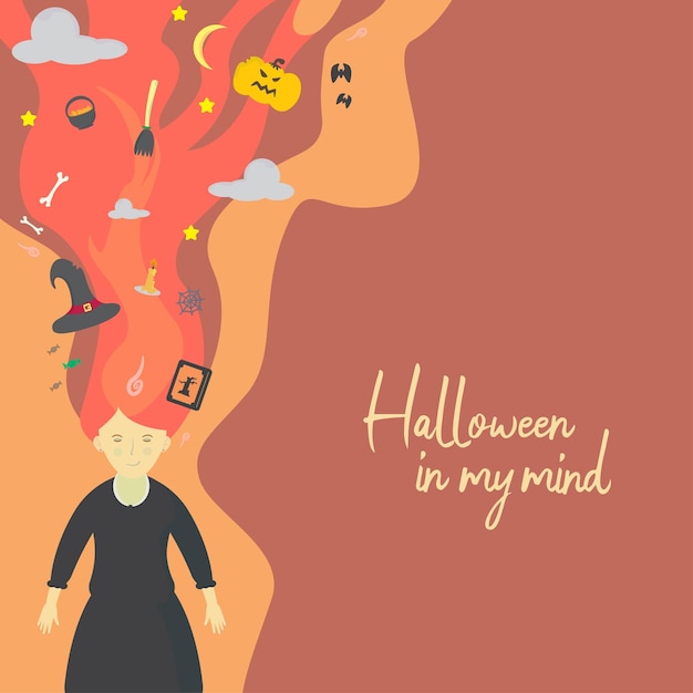 Vector platte cartoonmeisje met halloween-thema met lang rood haar, perfect voor illustratieanimatie en wenskaarten