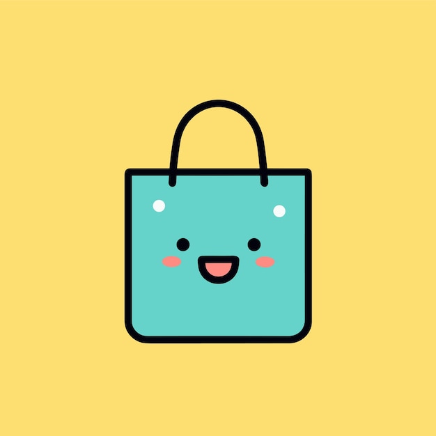 Vector platte icoon van een vrolijke en levendige blauwe tas met een charmant smileygezicht ontwerp