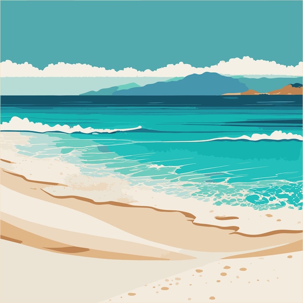 Vector platte illustratie mooi strand met blauw zeewater en wit zand