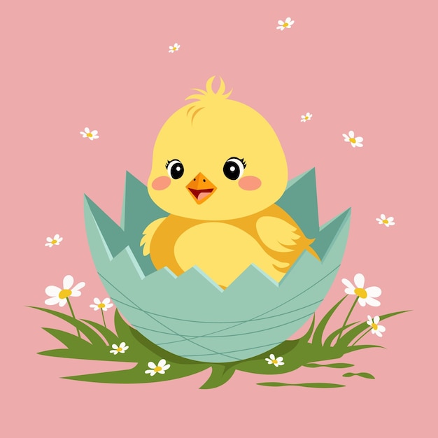 Vector platte illustratie van een schattig klein kipje in een eischelp