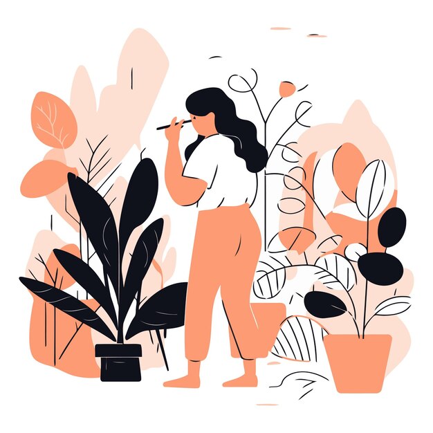 Vector vector platte illustratie van vrouw met een sigaret in haar handen en planten